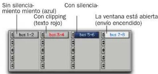 Sin silencia- miento miento (azul) Con clipping (texto rojo) Con silencia- la ventana está abierta (envío encendido) bus 1-2 bus 3-4 bus 5-6 bus 7-8