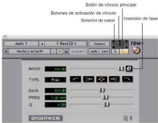 Botón de vínculo principal Botones de activación de vínculo Selector de canal Inversión de fase Audio 1 s 1-Band EQ II bypass TDM factory default compare auto safe L INPUT 0.0 dB TYPE Peak GAIN 0.0 dB FREQ 1.00 kHz Q 1.20 DIGIRACK EQ II