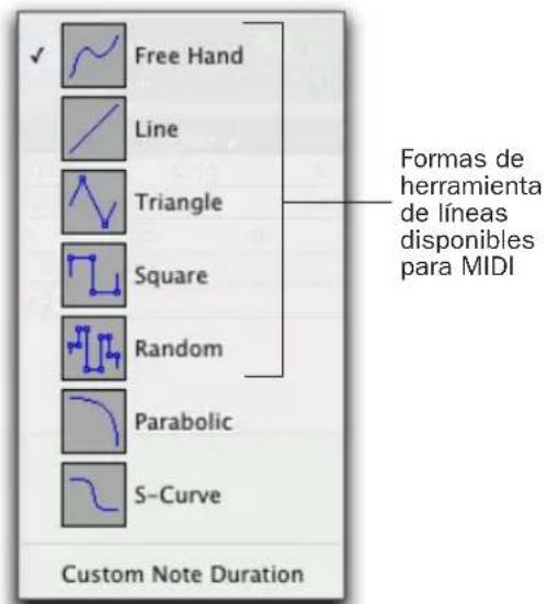 Free Hand Line Triangle Square Random Parabolic S-Curve Formas de herramienta de líneas disponibles para MIDI Custom Note Duration