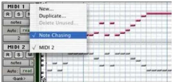 MIDI 1 New... Duplicate... Delete Unused... Notes Auto: 2 Note Chasing MIDI 2 √ MIDI 2 R S M notes Auto: read