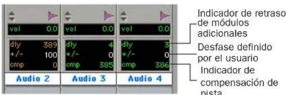 Vol 0.0 dly 389 +/- 100 cmp 0 Audio 2 Audio 3 Audio 4 Vol 0.0 dly 4 +/- 0 cmp 385 Audio 3 dly 3 +/- 0 cmp 386 Audio 4 Indicador de retraso de módulos adiconales Desfase definido por el usuario Indicador de compensación de pista