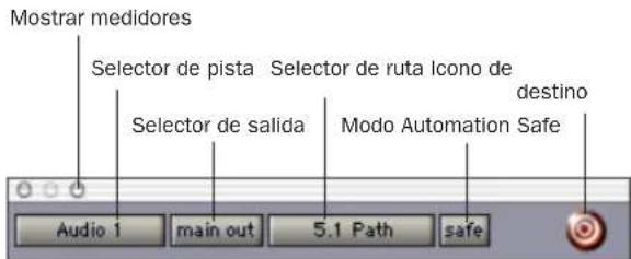 Mostrar medidores Selector de pista Selector de ruta Icono de Selector de salida Modo Automation Safe destino Audio 1 main out 5.1 Path safe