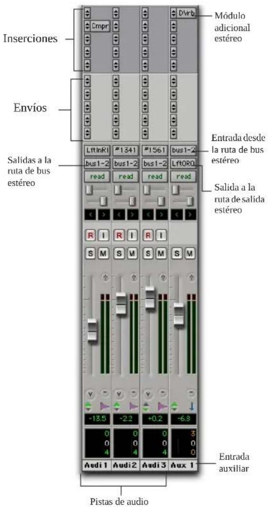 Inserciones Envíos Salidas a la ruta de bus estéreo Lft InRl #1341 #1561 bus1-2 bus1-2 bus1-2 bus1-2 LftORQ read read read read R I R I R I S M S M S M S M -13.5 -2.2 +0.2 -6.3 0 0 0 3 0 0 0 0 4 4 4 4 Audi 1 Audi 2 Audi 3 Aux 1 Módulo adicional estéreo Entrada desde la ruta de bus estéreo Salida a la ruta de salida estéreo Entrada auxiliar Pistas de audio