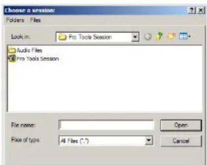Choose a session Folders: Files Look in: Pro Tools Session Audio Files Pro Tools Session File name: File of type: All Files (*.7) Open Cancel