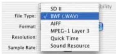 File Type: ✓ BWF (WAV) Format: AIFF MPEG-1 Layer 3 Resolution: Quick Time Sample Rate: Sound Resource