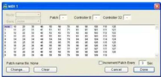 MIDI 1 Paste: Patch: - Controller 0: - Controller 32: - Name: 10 20 38 40 53 66 70 80 90 100 110 120 1 11 21 31 41 51 61 71 81 91 101 111 121 2 12 22 32 42 52 63 72 82 92 102 112 122 3 13 23 33 43 53 63 73 83 93 103 113 123 4 14 24 34 44 54 64 74 84 94 104 114 124 5 15 25 35 45 55 65 75 85 95 105 115 125 6 16 26 36 46 56 66 76 86 96 106 116 126 7 17 27 37 47 57 67 77 87 97 107 117 127 8 18 28 38 48 58 68 78 88 98 108 118 128 9 19 29 39 49 59 69 79 89 99 109 119 Patch name file: None Increment Patch Every: Change... Clear Cancel Done
