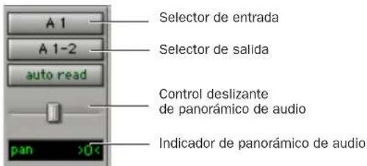 A 1 A 1-2 auto read Pan >0< Selector de entrada Selector de salida Control deslizante de panorámico de audio Indicador de panorámico de audio