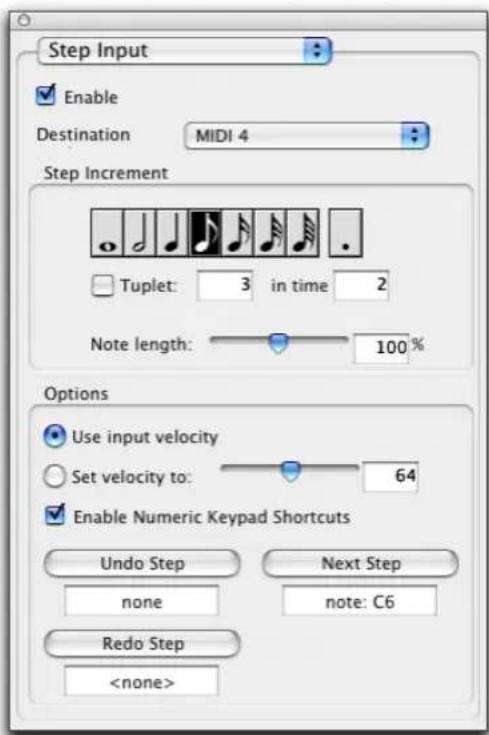 Step Input Enable Destination MIDI 4 Step Increment Tuplet: 3 in time 2 Note length: 100 % Options Use input velocity Set velocity to: 64 Enable Numeric Keypad Shortcuts Undo Step Next Step none note: C6 Redo Step