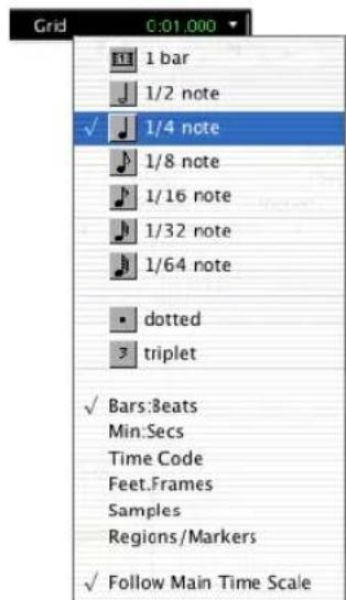Grid 0:01.000 1 bar 1/2 note ✓ 1/4 note 1/8 note 1/16 note 1/32 note 1/64 note • dotted 3 triplet ✓ Bars:Beats Min:Secs Time Code Feet.Frames Samples Regions/Markers ✓ Follow Main Time Scale