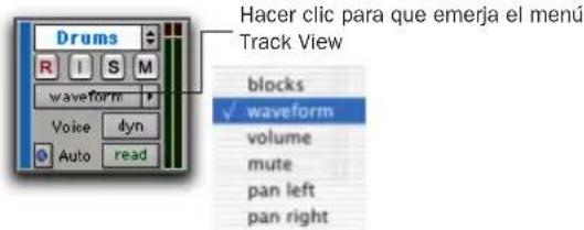 Hacer clic para que emerja el menú Track View blocks waveform volume mute pan left pan right