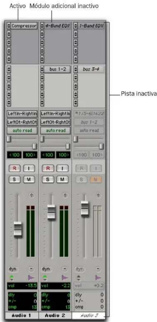 Activo Módulo adicional inactivo Compressor 4-Band EQII 1-Band EQII bus 1-2 bus 3-4 LeftIn-RightIn LeftOt-RightOt auto read LeftIn-RightIn leftOt-RightOt auto read 1/5-6/1622 bus 1-2 auto read <100 100> <100 100> R I R I S M S M S N dyn - dyn - dyn - vol -13.5 vol -2.2 vol +0.2 dly 0 dly 0 +/- 0 +/- 0 cmp 13 cmp 13 Audio 1 Audio 2 Audio 3 Pista inactiva