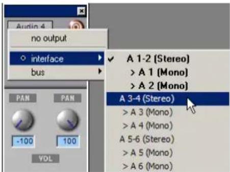 Audio 4 no output interface bus A 1-2 (Stereo) >A 1 (Mono) >A 2 (Mono) A 3-4 (Stereo) >A 3 (Mono) >A 4 (Mono) A 5-6 (Stereo) >A 5 (Mono) >A 6 (Mono)