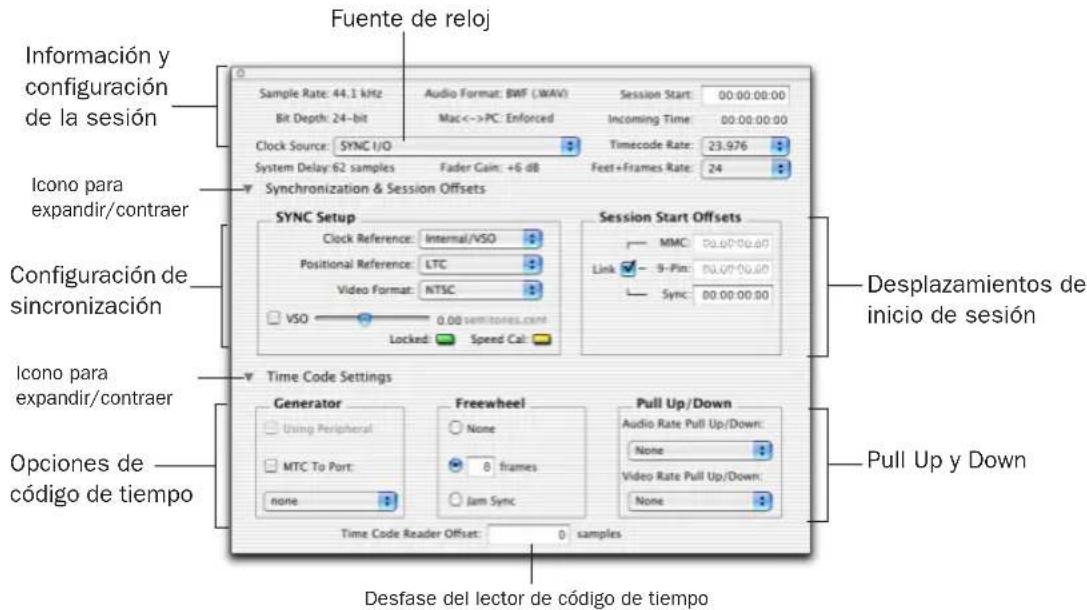 Fuente de reloj Información y configuración de la sesión Sample Rate: 44.1 kHz Audio Format: BWF (WAV) Session Start: 00:00:00:00 Bit Depth: 24-bit Mac<->PC: Enforced Incoming Time: 00:00:00:00 Clock Source: SYNC I/O Timecode Rate: 23.976 System Delay: 62 samples Fader Gain: +6 dB Feet+Frames Rate: 24 Synchronization & Session Offsets SYNC Setup Clock Reference: Internal/VSO Session Start Offsets MMC 00.00:00.00 Link 9-Pin: 00.00:00.00 Sync: 00.00:00.00 Configuración de sincronización Icono para expandir/contraer VSO 0.08 semitones.com Locked Speed Cal: Desplazamientos de inicio de sesión Icono para expandir/contraer Opciones de código de tiempo Time Code Settings Generator Freewheel Pull Up/Down Audio Rate Pull Up/Down: None Video Rate Pull Up/Down: None Time Code Reader Offset: 0 samples Pull Up y Down Desfase del lector de código de tiempo