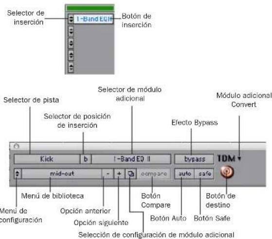 Selector de inserción 1-Band EQ II Botón de inserción Selector de pista Selector de posición de inserción Selector de módulo adicional Módulo adicional Convert Efecto Bypass Kick b 1-Band EQ II bypass TDM + mid-out compare auto safe Menu de biblioteca Opción anterior Botón Compare Botón de destino Menu de configuración Opción siguiente Botón Auto Botón Safe Selección de configuración de módulo adicional