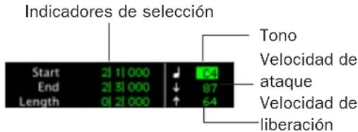 Indicadores de selección Start 211000 ↓ 94 End 2131000 ↓ 87 Length 0121000 ↑ 64 Tono Velocidad de ataque Velocidad de liberación