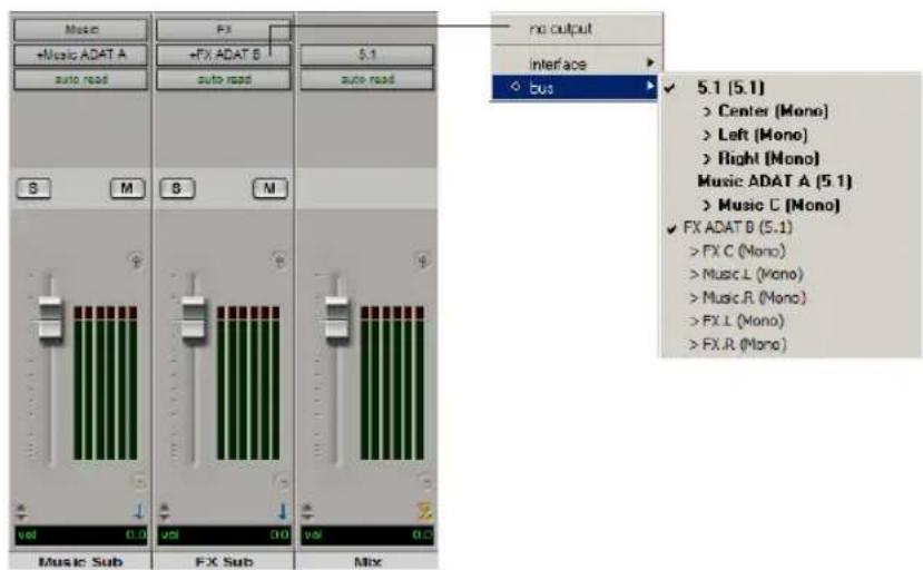 Music +Music ADAT A auto read S M 5.1 auto read FX +FX ADAT B 5.1 bus no output Interface bus 5.1 (5.1) > Center (Mono) > Left (Mono) > Right (Mono) Music ADAT A (5.1) > Music C (Mono) FX ADAT B (5.1) > FX C (Mono) > Music L (Mono) > Music R (Mono) > FX L (Mono) > FX R (Mono)