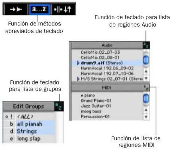 Función de métodos abreviados de teclado Función de teclado para lista de regiones Audio Función de teclado para lista de grupos Edit Groups a! b all pianah d Strings e long slap Audio CelloMio.02_07-03 CelloMio.02_08-01 drum9.aif (Stereo) HarmVocal 192.06_09-02 HarmVocal 192.07_10-06 M/S Strings 02_07-01 (Stereo) MIDI e piano Grand Piano-01 Jazz Guitar-01 moog bass Percussion-01 Función de lista de regiones MIDI