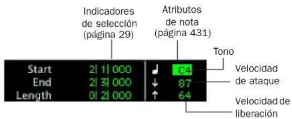 Indicadores de selección (página 29) Atributos de nota (página 431) Start 2| 1| 000 End 2| 3| 000 Length 0| 2| 000 C4 87 64 Tono Velocidad de ataque Velocidad de liberación
