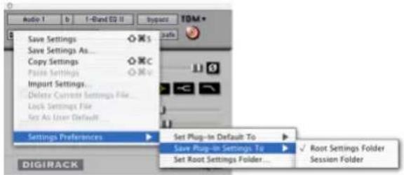 Audio 1 b I-Bund 52 II Impact TOM Save Settings Save Settings As... Copy Settings Paste Settings Import Settings... Delete Current Settings File... Lock Settings File Set As User Default... Settings Preferences Set Plug-In Default To Save Plug-In Settings To Set Root Settings Folder... Root Settings Folder Session Folder DIGIRACK
