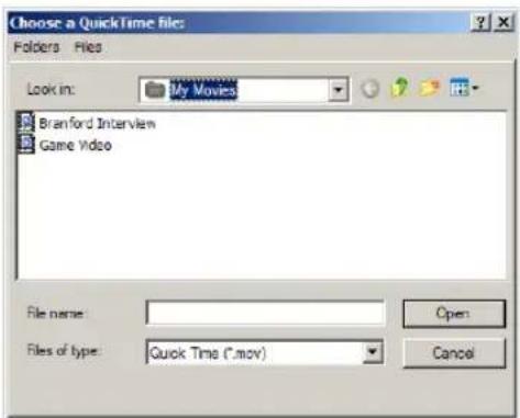 Choose a QuickTime file: Folders Files Look in: My Movies Branford Interview Game Video File name: Files of type: Quick Time (*.mov) Open Cancel