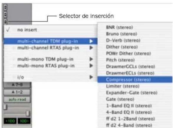 Selector de inserción ✓ no insert multi-channel TDM plug-in multi-channel RTAS plug-in multi-mono TDM plug-in multi-mono RTAS plug-in i/o A 7-8 A 1-2 auto read <100 100> BNR (stereo) Bruno (stereo) D-Verb (stereo) Dither (stereo) POWr Dither (stereo) Pitch (stereo) DrawmerGCLs (stereo) DrawmerECLs (stereo) Compressor (stereo) Limiter (stereo) Expander-Gate (stereo) Gate (stereo) 1-Band EQ II (stereo) 4-Band EQ II (stereo) ff d2 1-2Band (stereo) ff d2 4-Band (stereo)