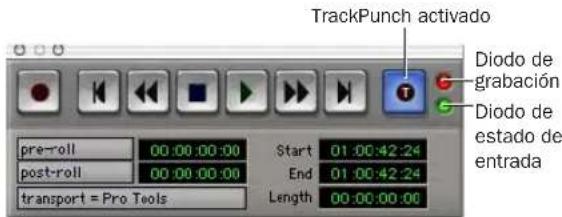 TrackPunch activado Diodo de grabación Diodo de estado de entrada pre-roll 00:00:00:00 Start 01:00:42:24 post-roll 00:00:00:00 End 01:00:42:24 transport = Pro Tools Length 00:00:00:00