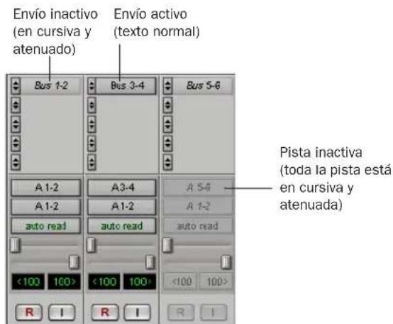 Envío inactivo (en cursiva y atenuado) Envío activo (texto normal) Bus 1-2 Bus 3-4 Bus 5-6 A 1-2 A 3-4 A 5-6 A 1-2 A 1-2 auto read auto read auto read <100 100> <100 100> <100 100> R I R I R I Pista inactiva (toda la pista está en cursiva y atenuada)