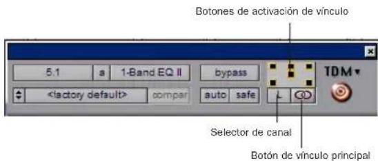 Botones de activación de vínculo 5.1 a 1-Band EQ II bypass TDM compar auto safe Selector de canal Botón de vínculo principal