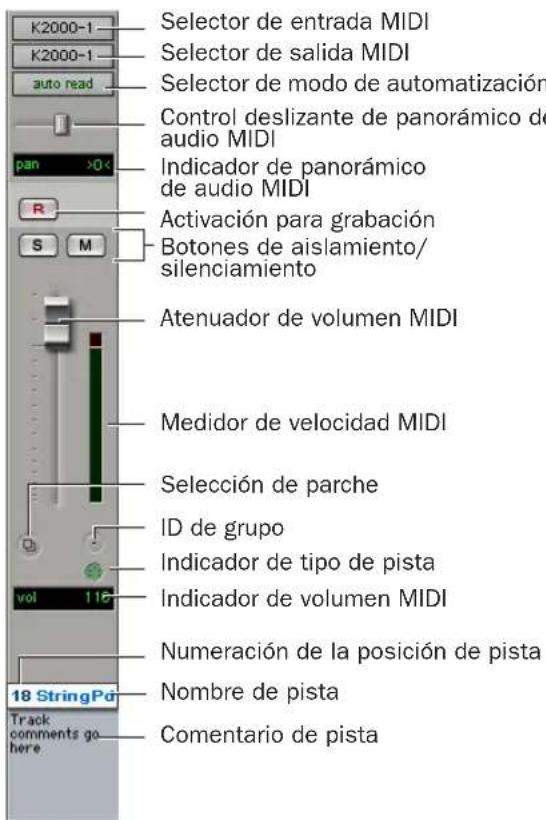 K2000-1 K2000-1 auto read Selector de entrada MIDI Selector de salida MIDI Selector de modo de automatización Control deslizante de panorámico de audio MIDI Indicador de panorámico de audio MIDI Activación para grabación Botones de aislamiento/silenciamiento Atenuador de volumen MIDI Medidor de velocidad MIDI Selección de parche ID de grupo Indicador de tipo de pista Indicador de volumen MIDI Numeración de la posición de pista Nombre de pista Comentario de pista 18 StringPa Track comments go here