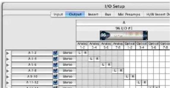 I/O Setup Input Output Insert Bus Mic Preamps H/W Insert D A 96 I/O #1 Analog Analog Analog Analog Optical Optical Optical Optical 1-2 3-4 5-6 7-8 1-2 3-4 5-6 7-8 ▶ A 1-2 Stero L R ▶ A 3-4 Stero ▶ A 5-6 Stero ▶ A 7-8 Stero ▶ A 9-10 Stero ▶ A 11-12 Stero ▶ A 12-14 Stero