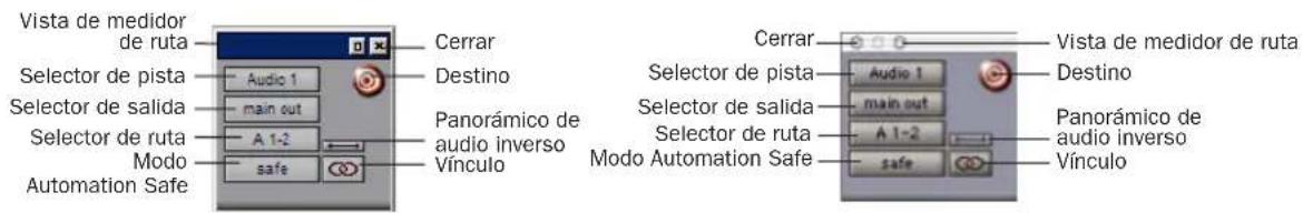 Vista de medidor de ruta Cerrar Selector de pista Audio 1 Main out Panorámico de audio Inverso Vínculo Sector de salida A 1-2 Mode safe Vista de medidor de ruta Destino Cerrar Selector de pista Audio 1 Main out Panorámico de audio Inverso Vínculo Sector de salida A 1-2 Mode Automation Safe Safe