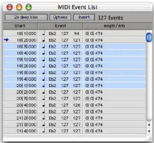 MIDI Event List 2e deep kick Options Insert 127 Events Start Event length/into 19|1|000 ✓ Eb2 127 94 0 | cl 474 18|2|000 ✓ Eb2 127 121 0 | cl 474 18|3|000 ✓ Eb2 127 127 0 | cl 474 18|4|000 ✓ Eb2 127 127 0 | cl 474 19|1|000 ✓ Eb2 127 127 0 | cl 474 19|2|000 ✓ Eb2 127 127 0 | cl 474 19|3|000 ✓ Eb2 127 127 0 | cl 474 19|4|000 ✓ Eb2 127 127 0 | cl 474 20|1|000 ✓ Eb2 127 127 0 | cl 474 20|2|000 ✓ Eb2 127 127 0 | cl 474 20|3|000 ✓ Eb2 127 127 0 | cl 474 20|4|000 ✓ Eb2 127 126 0 | cl 474 21|1|000 ✓ Eb2 127 127 0 | cl 474 21|2|000 ✓ Eb2 127 127 0 | cl 474 21|3|000 ✓ Eb2 127 127 0 | cl 474 21|4|000 ✓ Eb2 127 127 0 | cl 474