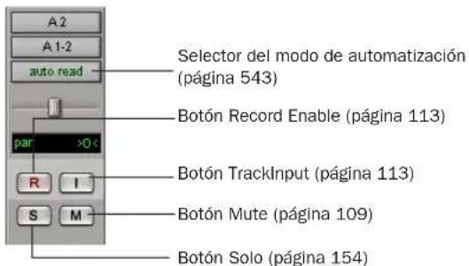 A2 A1-2 auto read Selector del modo de automatización (página 543) Botón Record Enable (página 113) par >0< R I S M Botón TrackInput (página 113) Botón Mute (página 109) Botón Solo (página 154)