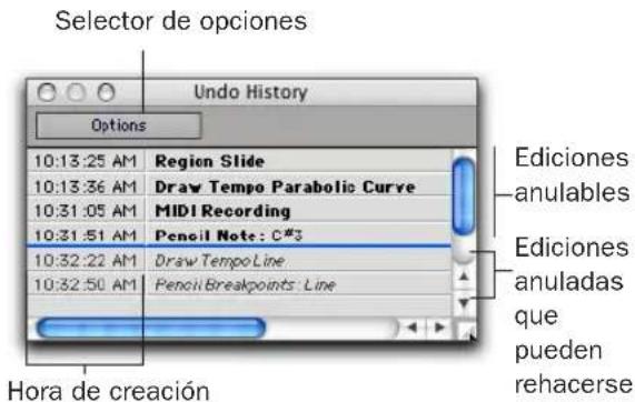 Selector de opciones Undo History Options 10:13:25 AM Region Slide 10:13:36 AM Draw Tempo Parabolic Curve 10:31:05 AM MIDI Recording 10:31:51 AM Pencil Note: C#3 10:32:22 AM Draw Tempo Line 10:32:50 AM Pencil Breakpoints: Line Hora de creación Ediciones anulables Ediciones anuladas que pueden rehacerse
