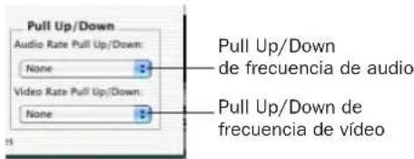 Pull Up/Down Audio Rate Pull Up/Down: None Video Rate Pull Up/Down: None Pull Up/Down de frecuencia de audio Pull Up/Down de frecuencia de video