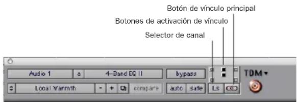 Botón de vínculo principal Botones de activación de vínculo Selector de canal Audio 1 o 4-Band EQ II bypass TDM Local Warmth - + Oh compare auto safe Ls CD