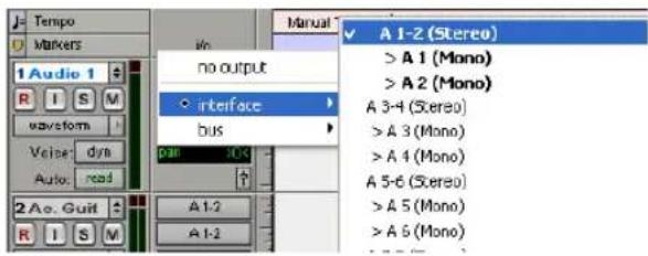 Tempo Markers 1 Audio 1 R I S M waveform Voice dyn Auto read 2 Ao Guit R I S M no output interface bus A 1-2 (Stereo) >A 1 (Mono) >A 2 (Mono) A 3-4 (Stereo) >A 3 (Mono) >A 4 (Mono) A 5-6 (Stereo) >A 5 (Mono) >A 6 (Mono)