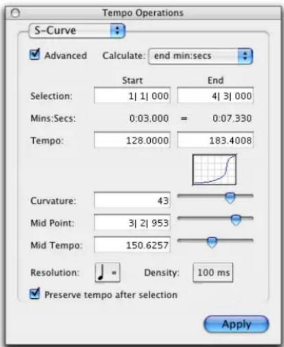 Tempo Operations S-Curve Advanced Calculate: end min:secs Start End Selection: 1| 1| 000 4| 3| 000 Mins:Secs: 0:03.000 = 0:07.330 Tempo: 128.0000 183.4008 Curvature: 43 Mid Point: 3| 2| 953 Mid Tempo: 150.6257 Resolution: = Density: 100 ms Preserve tempo after selection Apply