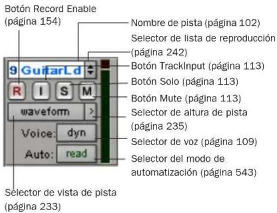 Botón Record Enable (página 154) Nombre de pista (página 102) Selector de lista de reproducción (página 242) Botón TrackInput (página 113) Botón Solo (página 113) Botón Mute (página 113) Selector de altura de pista (página 235) Selector de voz (página 109) Selector del modo de automatización (página 543) 9 GuifarLd R I S M waveform > Voice: dyn Auto: read Selector de vista de pista (página 233)