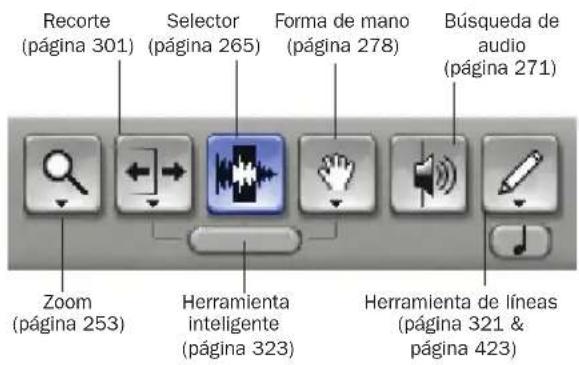 Recorte (página 301) Selector (página 265) Forma de mano (página 278) Búsqueda de audio (página 271) Zoom (página 253) Herramienta inteligente (página 323) Herramienta de líneas (página 321 & página 423)