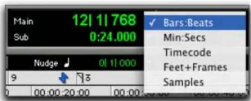 Main 1211768 Sub 0:24.000 Nudge 011000 9 3 00:00:20:00 00:00 ✓ Bars:Beats Min:Secs Timecode Feet+Frames Samples
