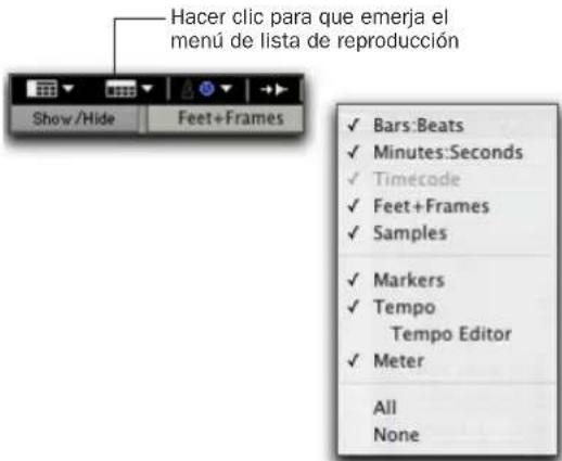 Hacer clic para que emerja el menú de lista de reproducción Show/Hide Feet+Frames ✓ Bars:Beats ✓ Minutes:Seconds ✓ Timécode ✓ Feet+Frames ✓ Samples ✓ Markers ✓ Tempo Tempo Editor ✓ Meter All None