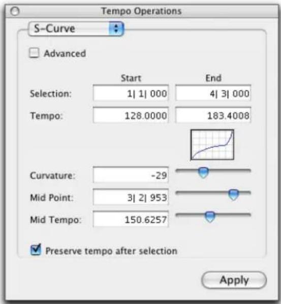 Tempo Operations S-Curve Advanced Start End Selection: 1| 1| 000 4| 3| 000 Tempo: 128.0000 183.4008 Curvature: -29 Mid Point: 3| 2| 953 Mid Tempo: 150.6257 Preserve tempo after selection Apply