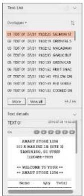 Text List Overpass > 10/20/01 11:22:25 SALAMIN 10/20/01 11:23:26 ORIENTAL 10/20/01 11:23:27 MACARIM 10/20/01 11:23:28 GARLICUT 10/20/01 11:23:29 GREEN CAP 10/20/01 11:24:30 PRINT SING 10/20/01 11:24:31 VILLION ON 10/20/01 11:24:32 RED SLICE 10/20/01 11:24:33 COOKED ON More More All 45.7% Text details TDT 0 AMART STORE 1234 323 BARRIANO IN THE U.S. TAMUNING, OT STORES 1234@-TDT ** WELCOME TO YOUR ** ** AMART STORE 1234 ** Name: MAY: TWO