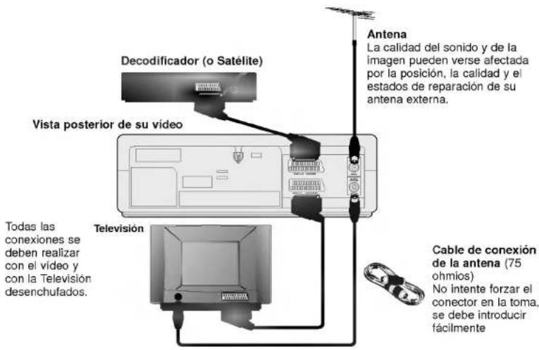 Decodificador (o Satélite) Vista posterior de su video Antena La calidad del sonido y de la imagen pueden verse afectada por la posición, la calidad y el estados de reparación de su antena externa. Todas las conexiones se deben realizar con el vídeo y con la Televisión desenchufados. Television Cable de conexión de la antena (75 ohmios) No intente forzar el conector en la toma, se debe introducir fácilmente