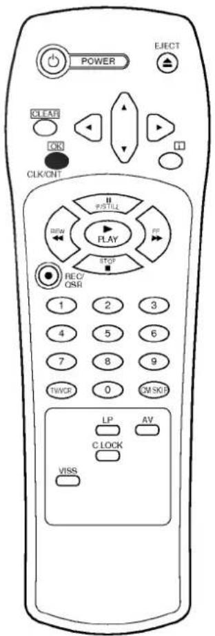 POWER EJECT CLEAR OK CLK/ONT I P STILL FF RECK/ OSR PLAY STOP 1 2 3 4 5 6 7 8 9 TWCK 0 CM SKIP LP AV C LOCK VISS