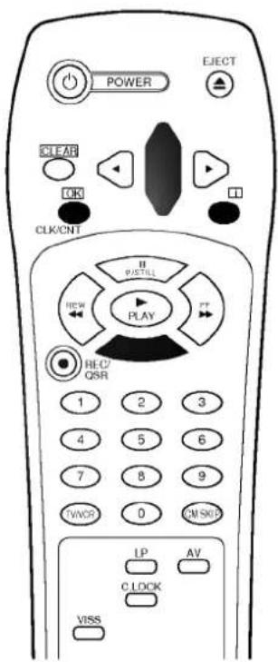 POWER EJECT CLEAR OK CLK/NT II PUSTILL NEW PLAY I/O QSR 1 2 3 4 5 6 7 8 9 TVOR 0 CM SRD LP AV CLOCK VISS