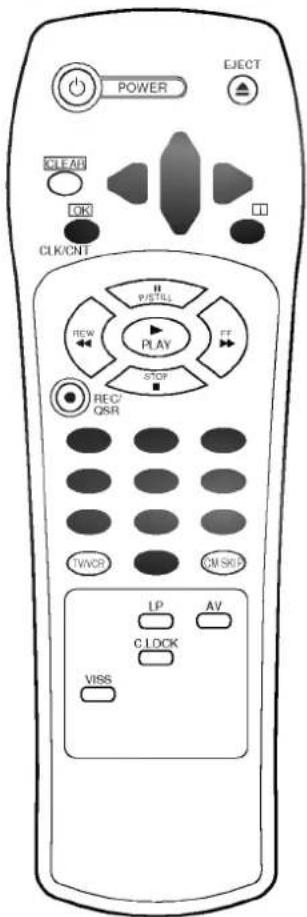 POWER EJECT CLEAR OK CLK/CNT H P/STILL FF NEW PLAY STOP REC/ QSR TWCS CM SRD LP AV C LOCK VISS