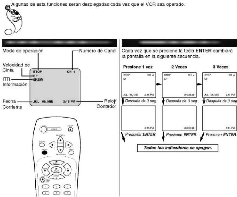Algunas de esta funciones serán desplegadas cada vez que el VCR sea operado. Modo de operación Velocidad de Cinta ITR Información Fecha Corriente STOP SP CH 4 0H30M JUL 05, MIE 2:15 PM Número de Canal Reloj/ Contador Cada vez que se presione la tecla ENTER cambiará la pantalla en la siguiente secuen…