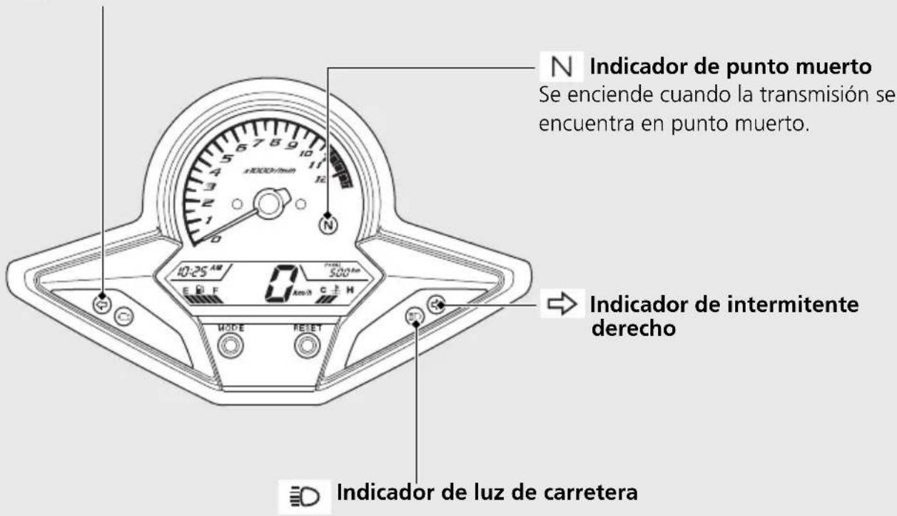 N Indicador de punto muerto Se enciende cuando la transmisión se encuentra en punto muerto. 40-25 AM E F 500 lm km/h C H W/DE RESET Indicador de intermitente derecho D Indicador de luz de carretera